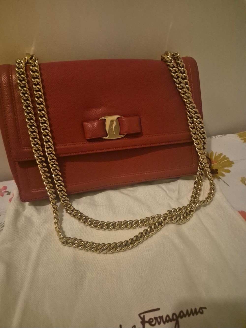 Salvatore Ferragamo Red Leather Shoulder Bag with Gold Chain